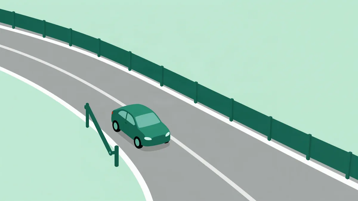 Flat illustration of a curved road with sturdy protective barriers along both edges and a small vehicle staying between them, in deep green tones