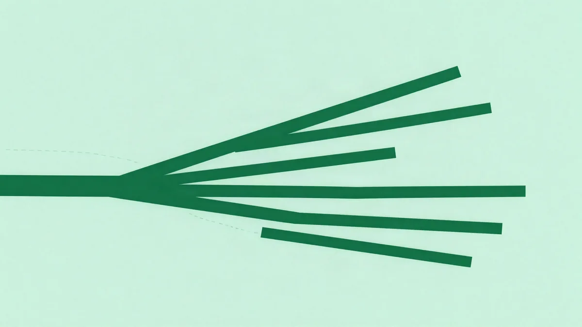 Flat illustration of one wide bar fanning out into four thin bars of different lengths at different angles, with a dashed line through the middle of the fan, in deep forest green and mint