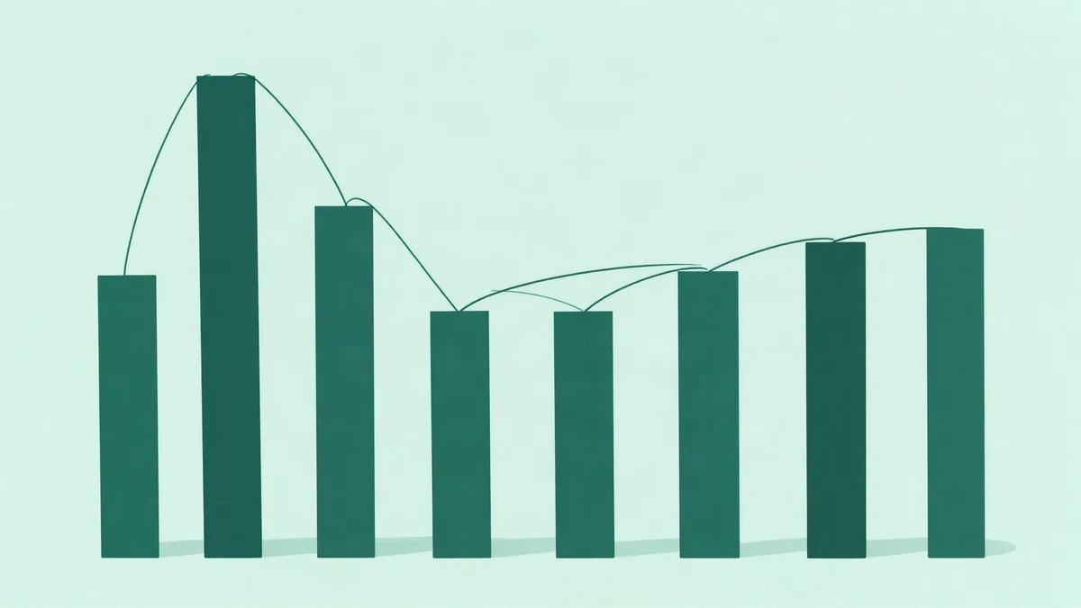 Flat illustration of eight bars of different heights joined by curved elastic threads, the tall ones bending down and the short ones bending up