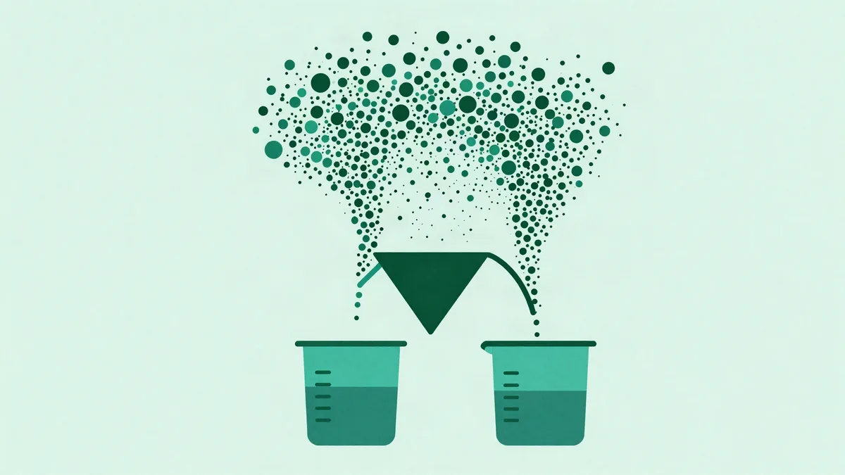 Flat illustration of a crowd of small dots flowing through a funnel that splits into two equal streams filling two measuring containers, in deep green and teal tones