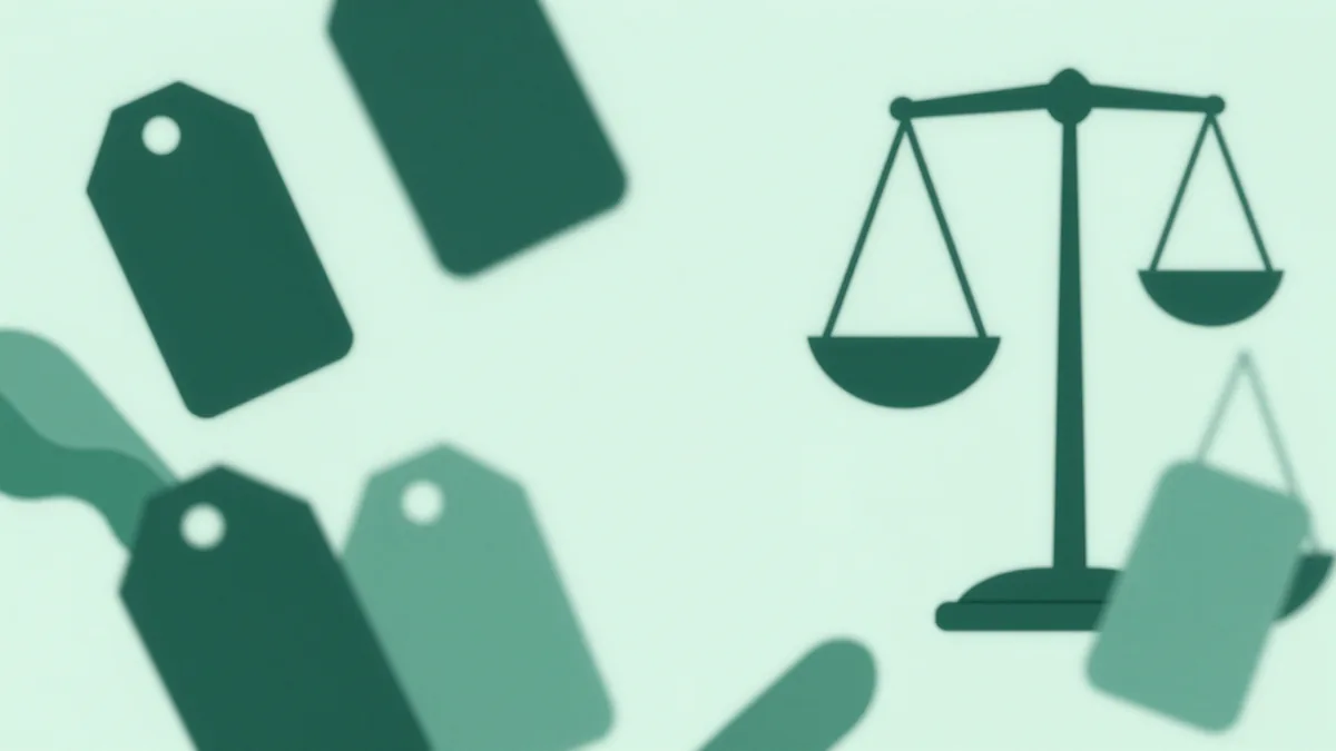 Abstract illustration of geometric price tags and floating balance scales in deep green and teal tones, representing a pricing experiment