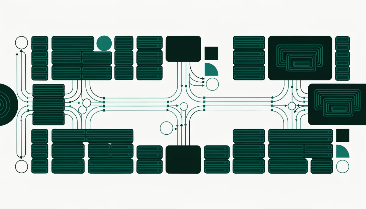Abstract illustration of dark green and teal server racks connected by glowing network lines splitting into two balanced paths, representing deterministic routing