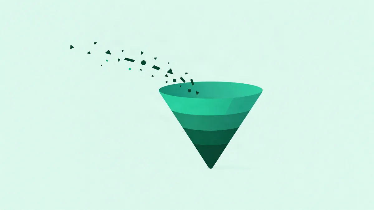 Flat illustration of small geometric data markers flowing along a curved line from a browser window into a layered funnel, with a rising line chart beside it