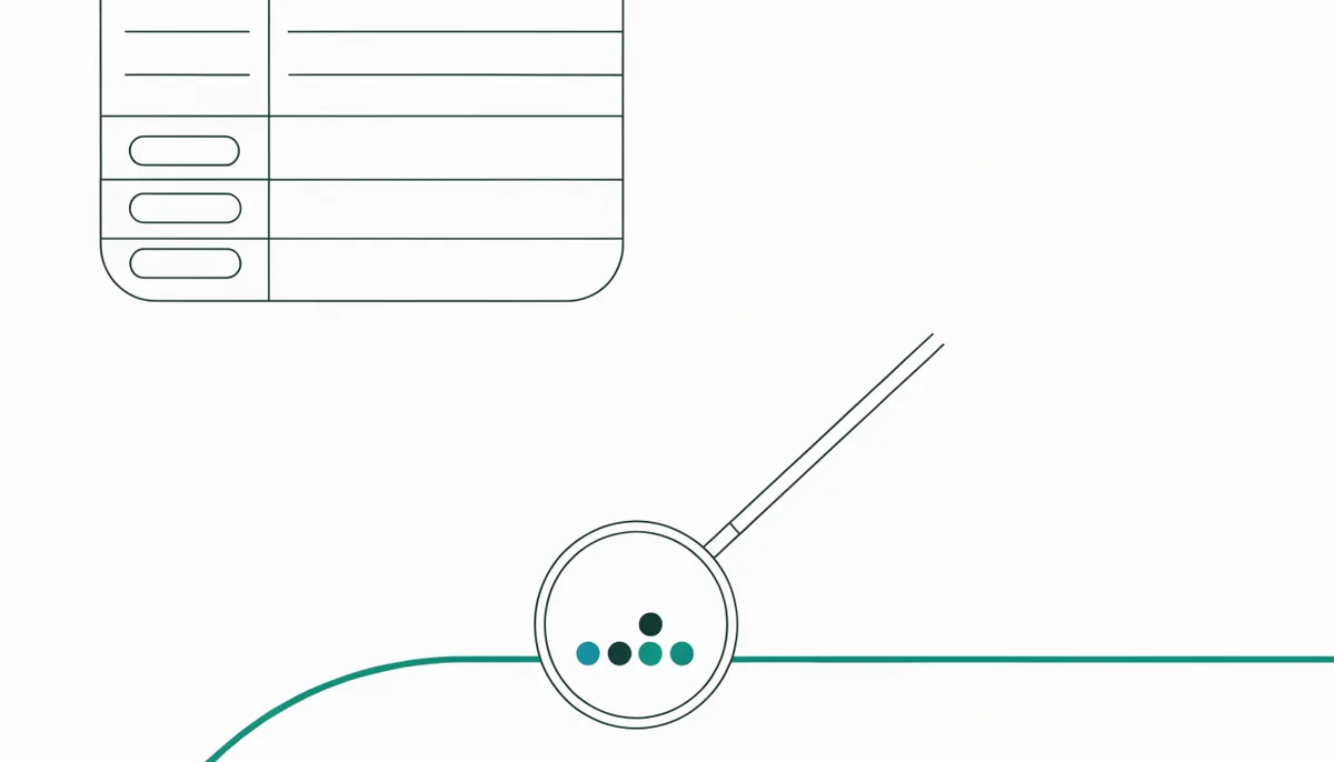 Ilustração abstrata de um documento de hipótese com uma lupa sobre pontos de dados e uma curva ascendente