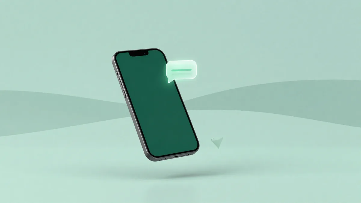 Abstract editorial illustration of a floating smartphone with a small glowing message bubble beside it and two soft diverging paths, in deep green and teal tones