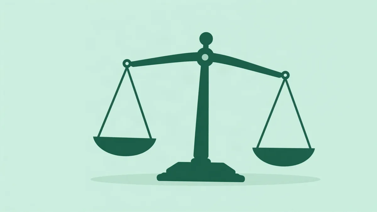 Flat illustration of a two pan balance scale tilted to one side because a small pebble is wedged underneath one of the pans, in deep green tones