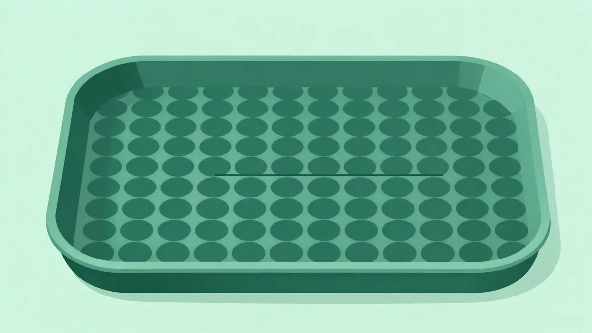 Flat illustration of a wide shallow tray filled with rows of small green circles, with a thin line running across the middle of the tray