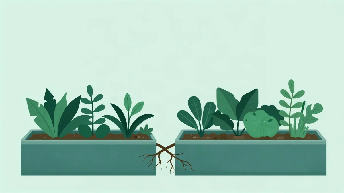 Flat illustration of two raised garden beds side by side with plant roots visibly crossing from one bed into the other beneath the dividing gap, in deep green tones