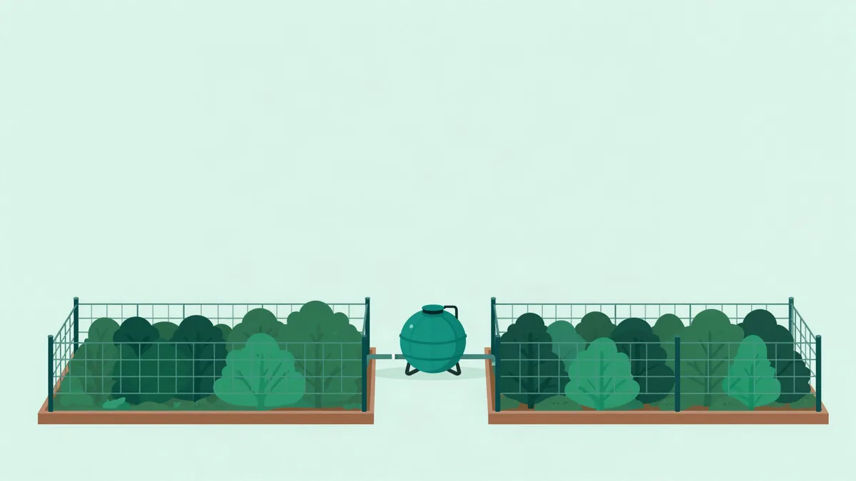 Ilustração plana de dois canteiros cercados lado a lado puxando água por canos de um único tanque redondo compartilhado entre eles, em tons de verde profundo