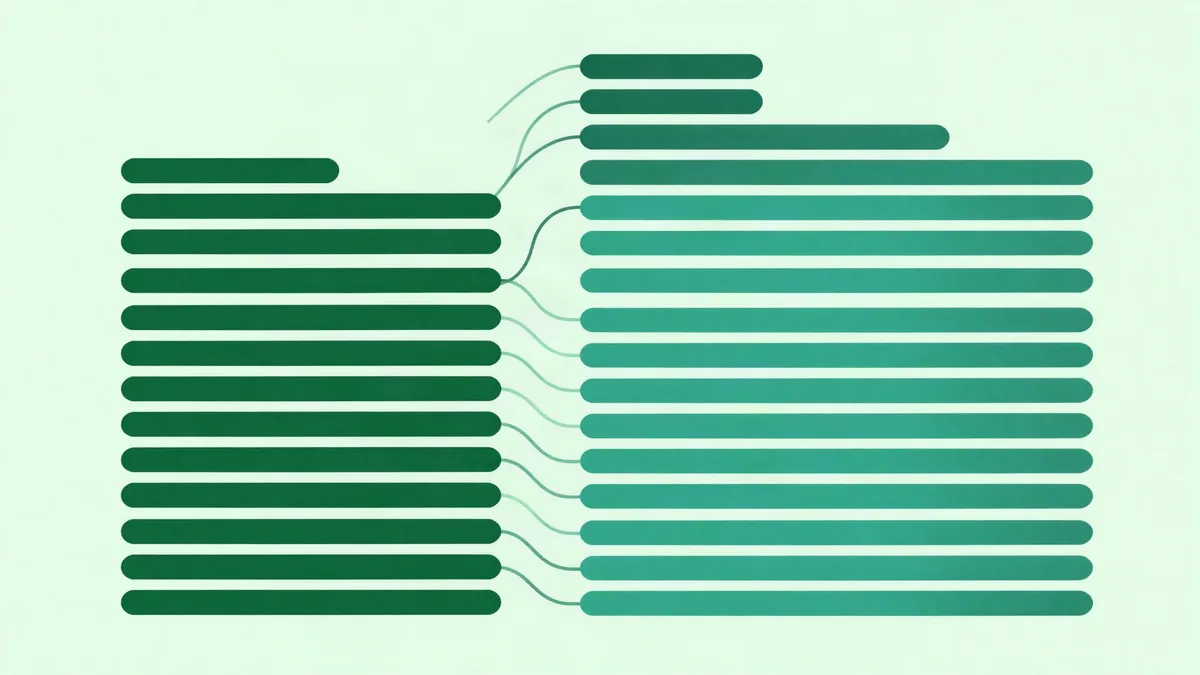 Flat illustration of two lists of rounded bars connected by curved lines into a single merged list in the center