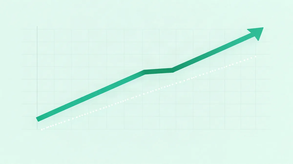 Flat illustration of a rising line on a grid cut by a dashed vertical marker, with a pale dotted line carrying the old slope forward beneath it