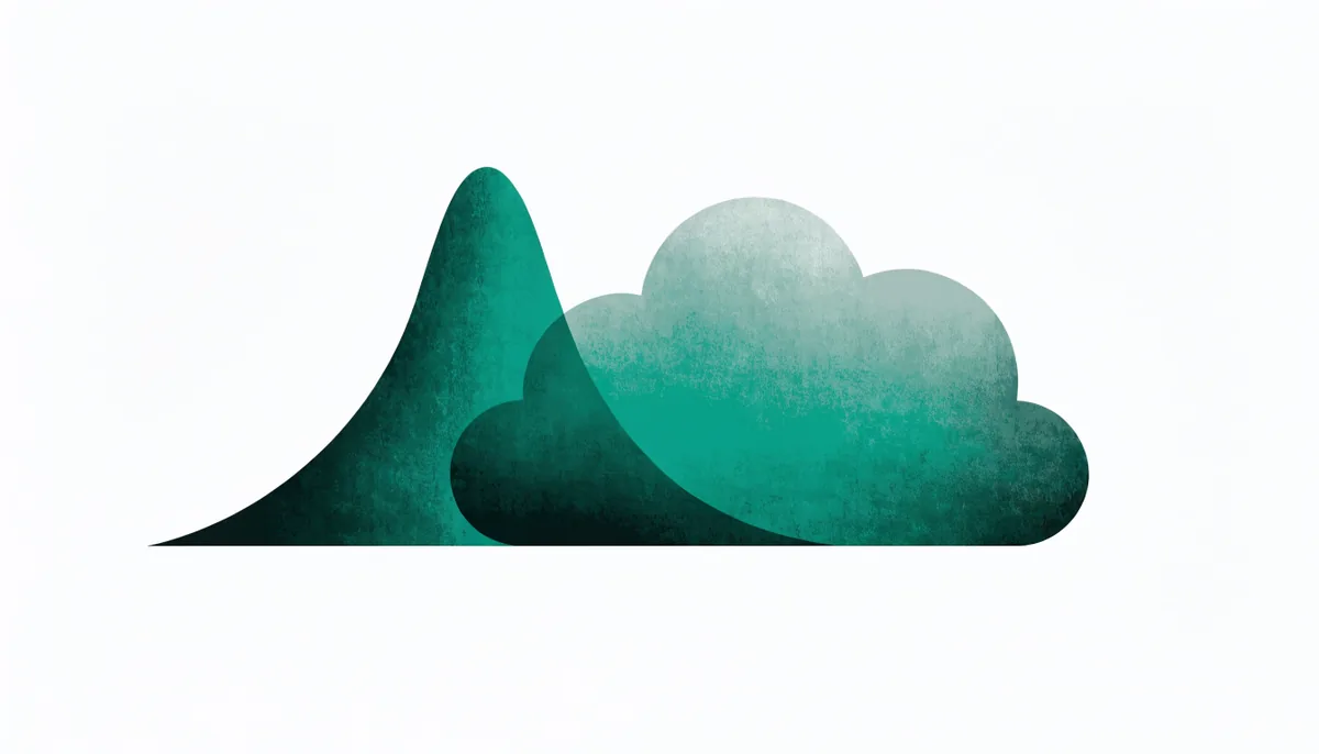 Ilustração abstrata de duas distribuições de probabilidade translúcidas sobrepostas, em tons de verde escuro e teal, representando a diferença entre a leitura frequentista e a bayesiana de um intervalo