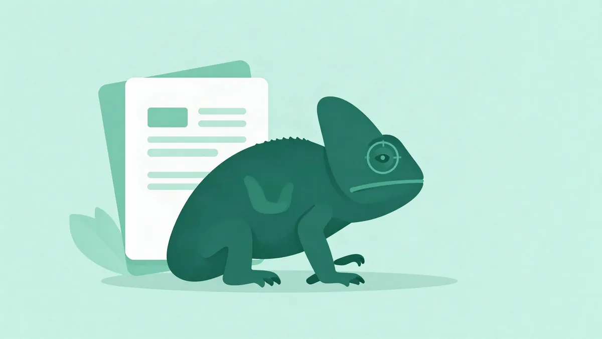 Ilustração plana de um camaleão estilizado ao lado de cartões de página empilhados com blocos geométricos, em tons de verde profundo e teal