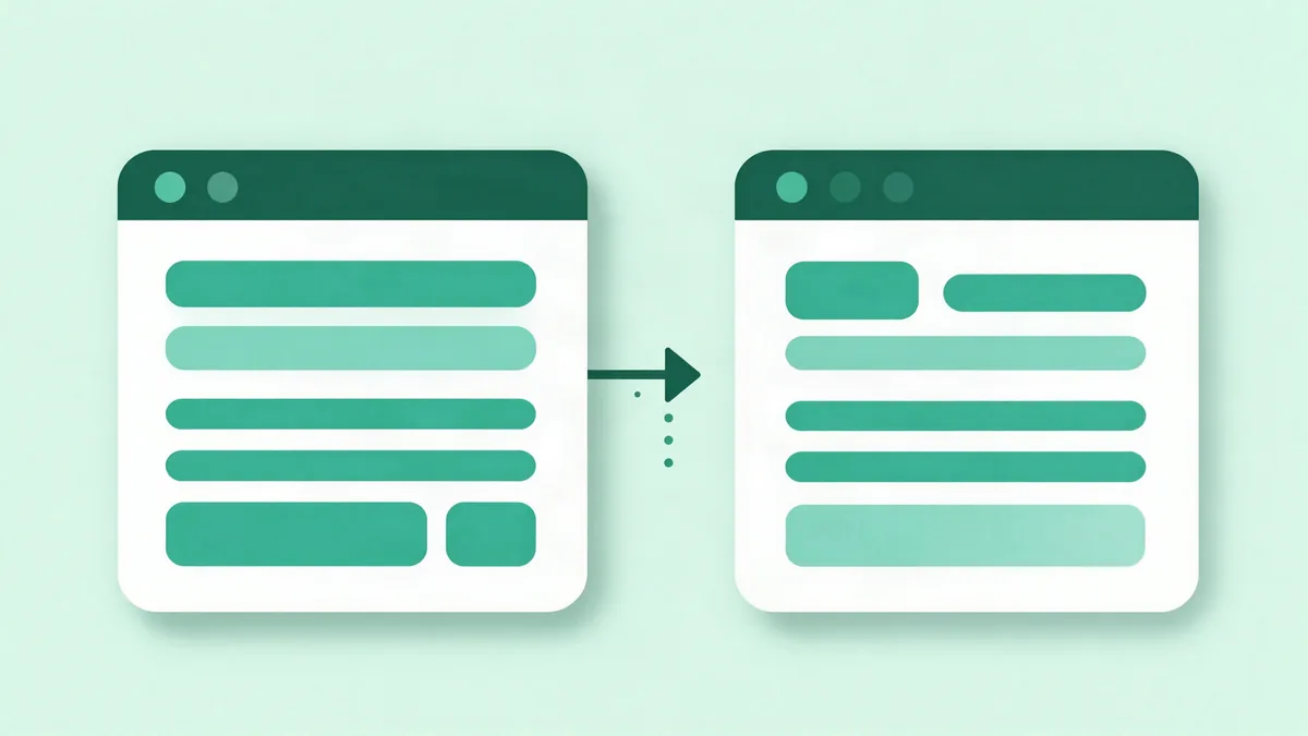 Abstract illustration in dark green and teal of two page cards with different block layouts and a branching arrow splitting visitors between them
