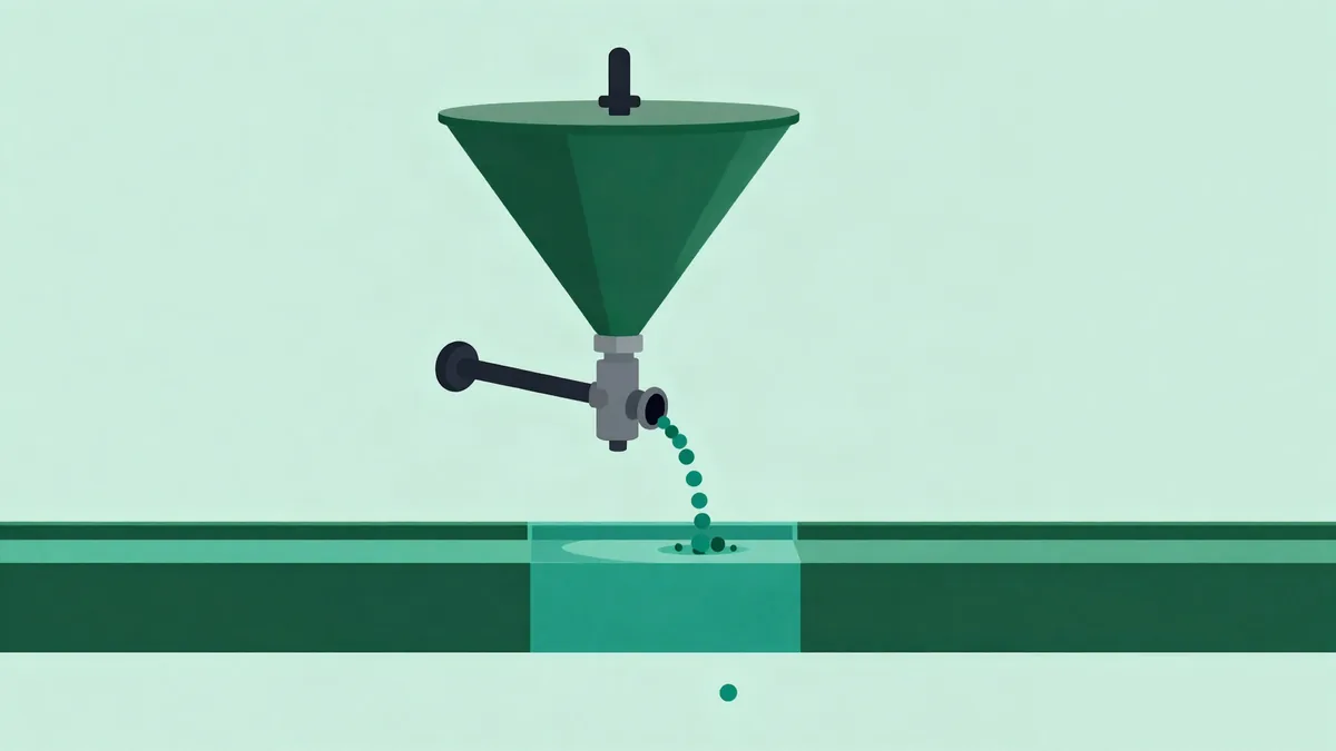 Ilustração plana de um regulador mecânico com volante ajustando sozinho a válvula de um funil que despeja pequenas esferas numa calha, sobre fundo verde menta