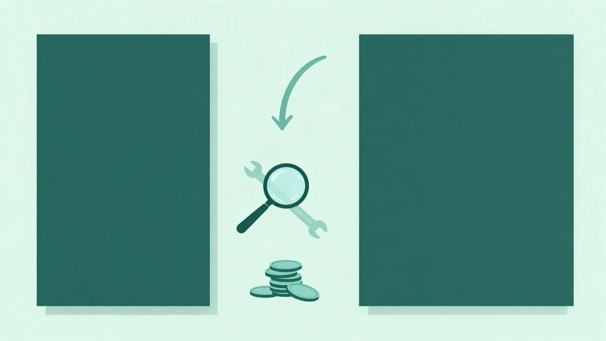 Flat illustration of two tall dark green rectangular page shapes side by side, with a wrench and a magnifying glass between them, a curved arrow above and a small stack of coins below, on a mint green background
