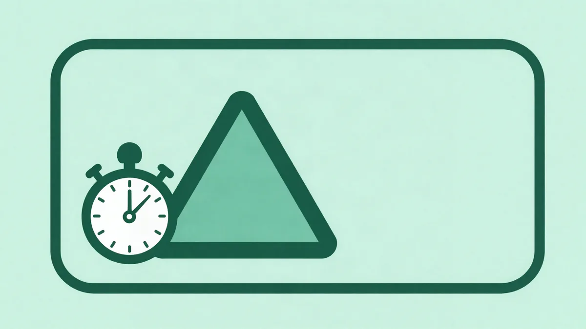 Flat illustration of a large triangular play symbol inside a rounded rectangle, beside a stopwatch and a small upward trending arrow, on a mint green background