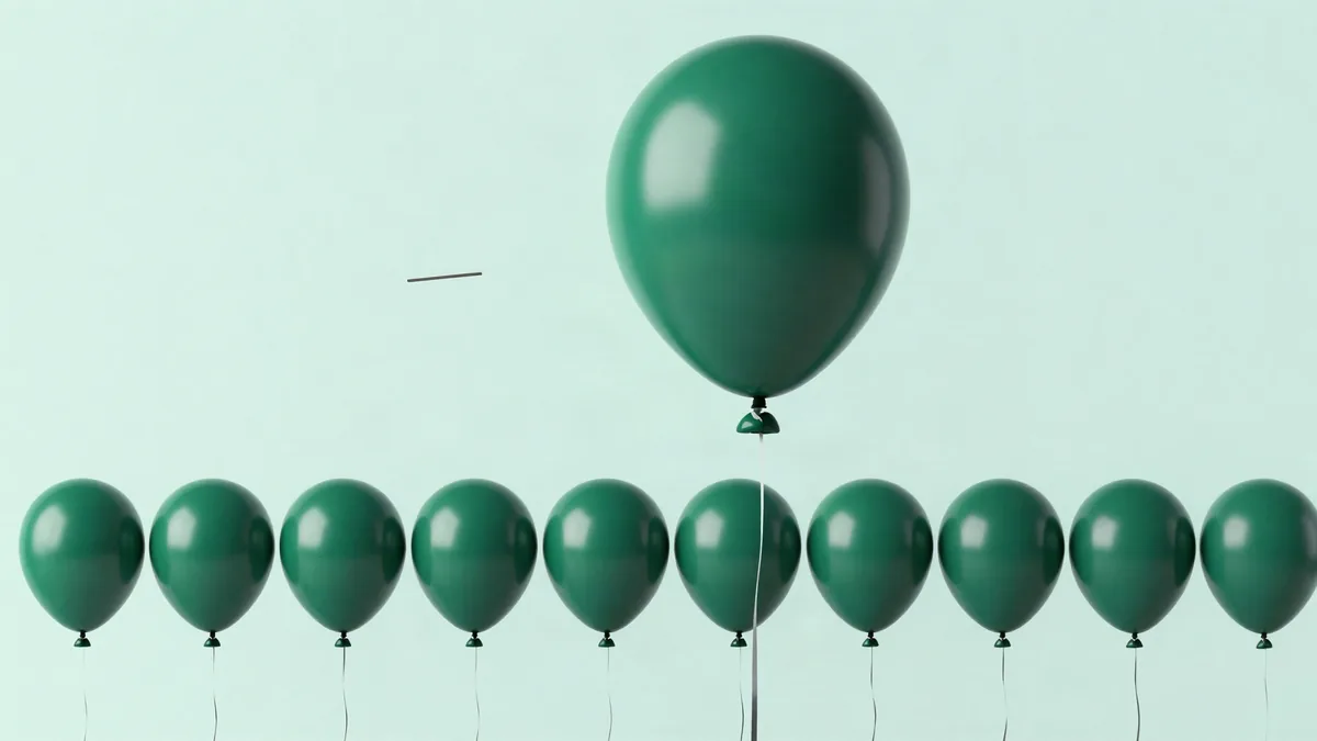 Ilustração plana de um balão enorme flutuando acima de uma fileira de balões pequenos iguais, com um alfinete se aproximando, em tons de verde profundo