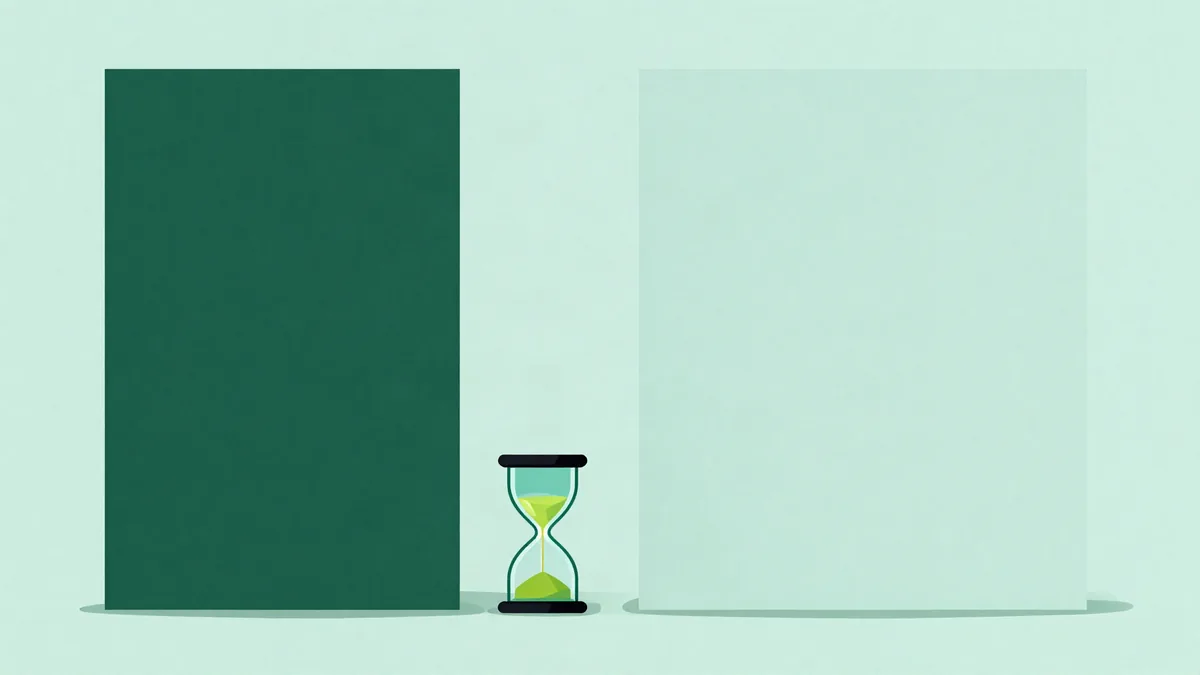 Flat illustration of two blank paper panels standing side by side with an hourglass between them, on a mint green background