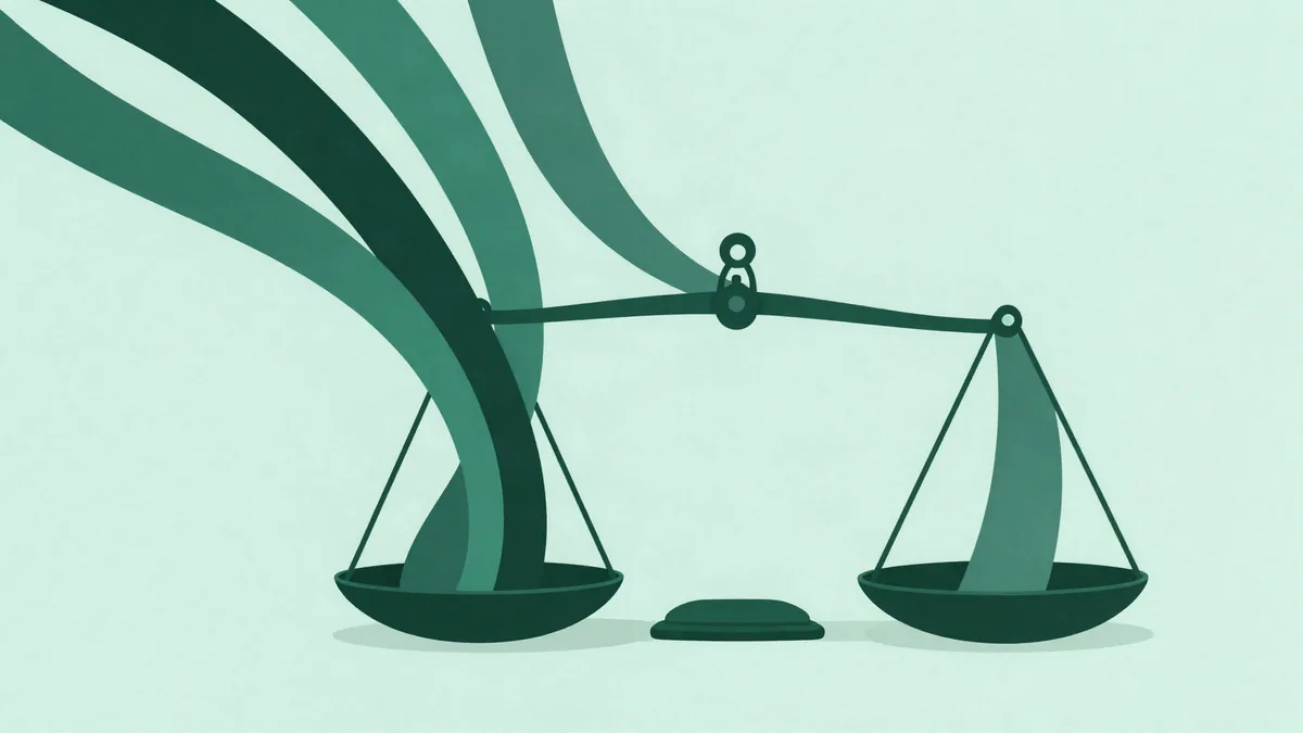 Flat illustration of several curved ribbons of different thickness pouring into one pan of a balance scale, with a small calibration weight on the opposite pan, on a mint green background