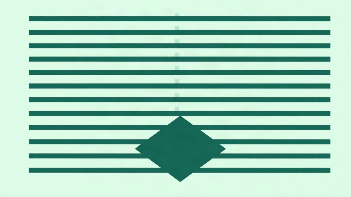 Ilustración plana de una columna de doce barras horizontales verdes apiladas una sobre otra, con un rombo ancho centrado justo debajo de ellas