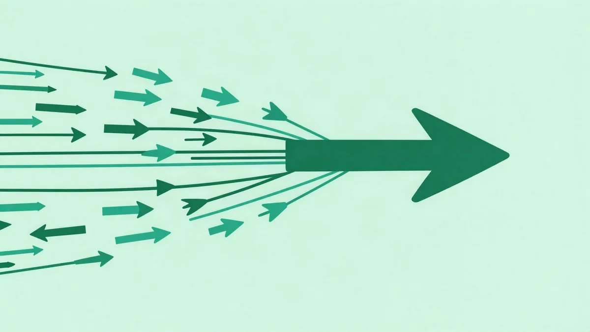 Flat illustration of many small green arrows of different lengths pointing in slightly different directions, gathered by curved guide lines into one thick arrow on the right