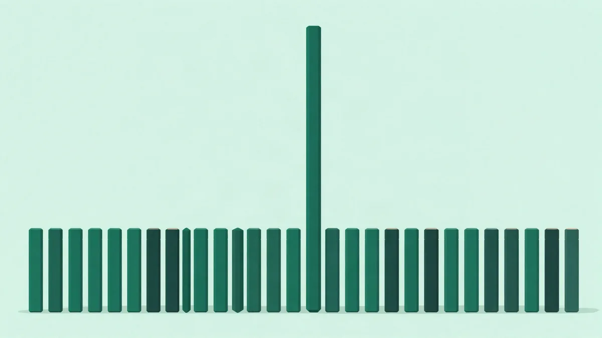 Ilustração plana de uma barra alta e destacada em pé no meio de uma fileira longa de barras baixas e iguais, em tons de verde profundo