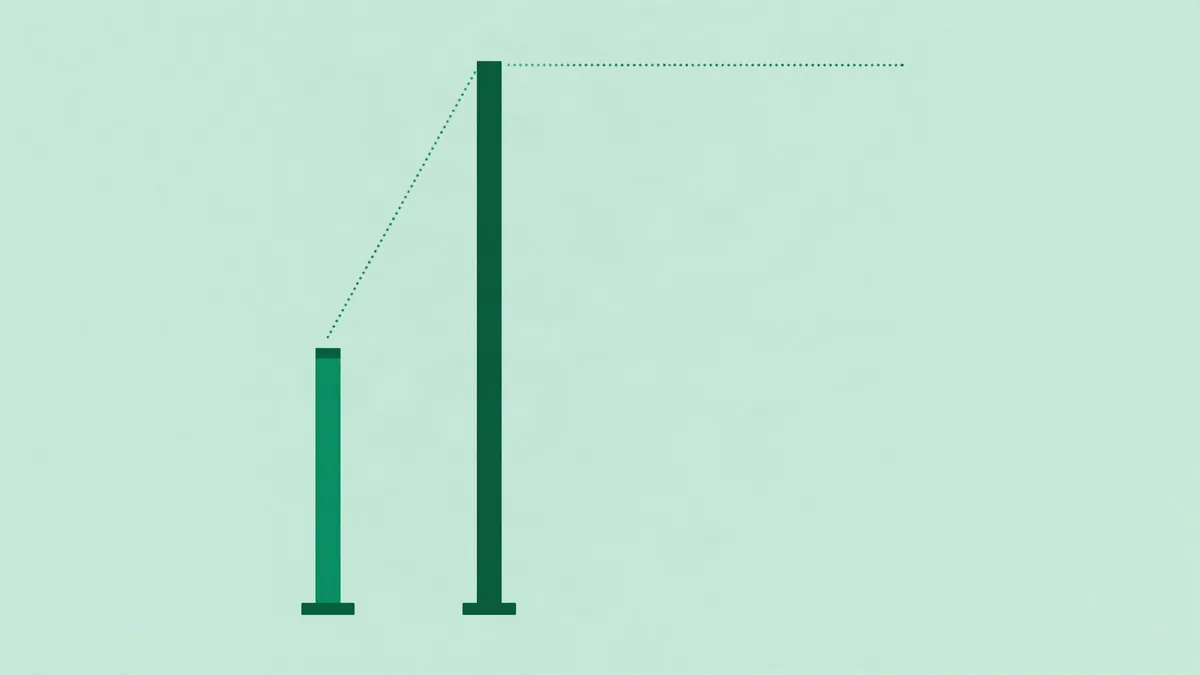 Ilustración plana de una vara corta y una vara alta lado a lado, con una línea punteada que sale de la punta de la corta y alcanza la punta de la alta