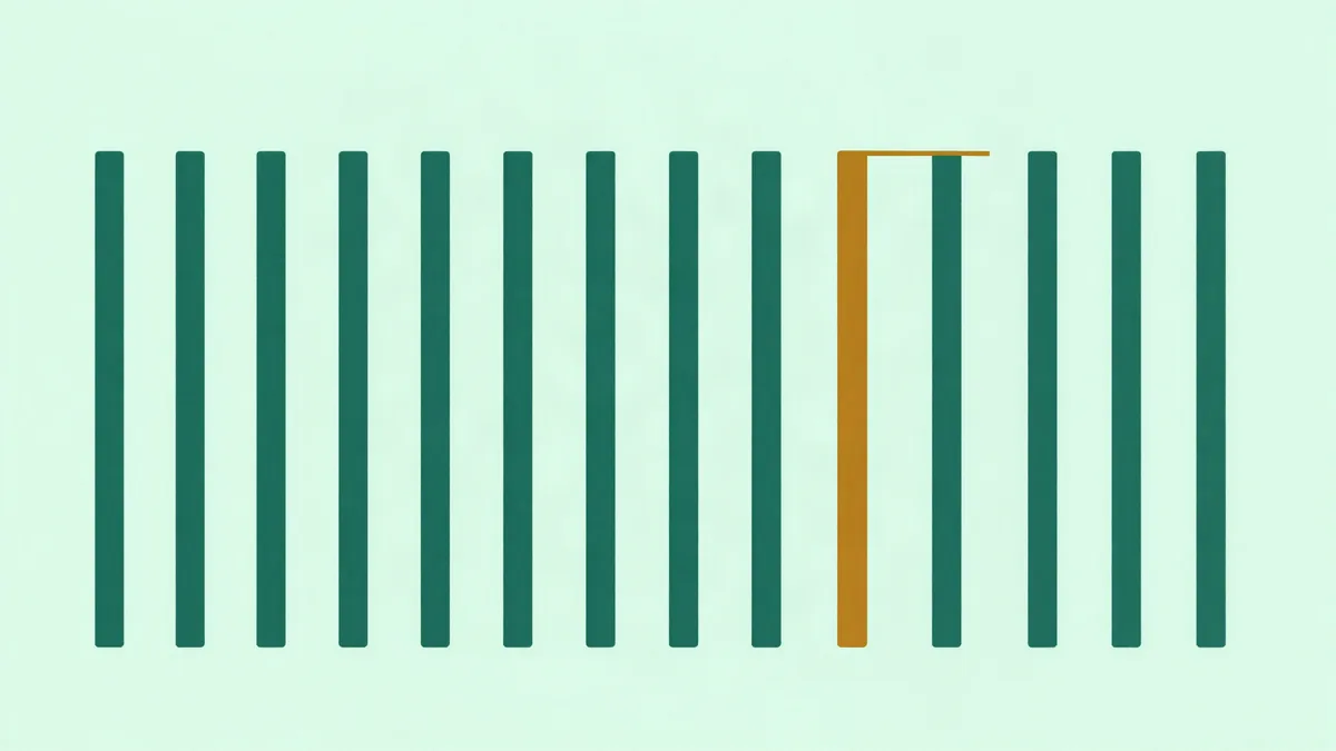 Ilustração plana de uma longa fileira de barras verticais verdes, com uma barra em tom âmbar destacada perto da extremidade direita e uma linha fina tocando o topo dela