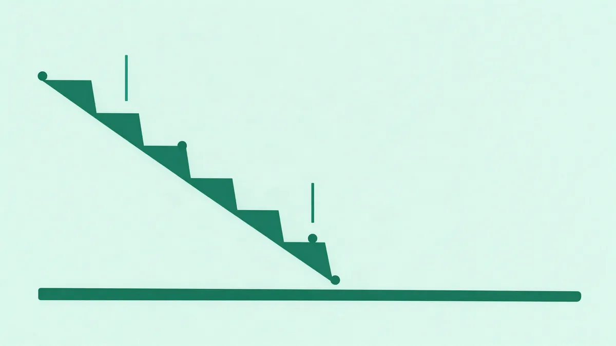 Ilustração plana de uma linha em degraus descendo da esquerda para a direita acima de uma base horizontal, com pequenos círculos nos degraus e traços verticais curtos marcando pontos onde a linha para antes do fim