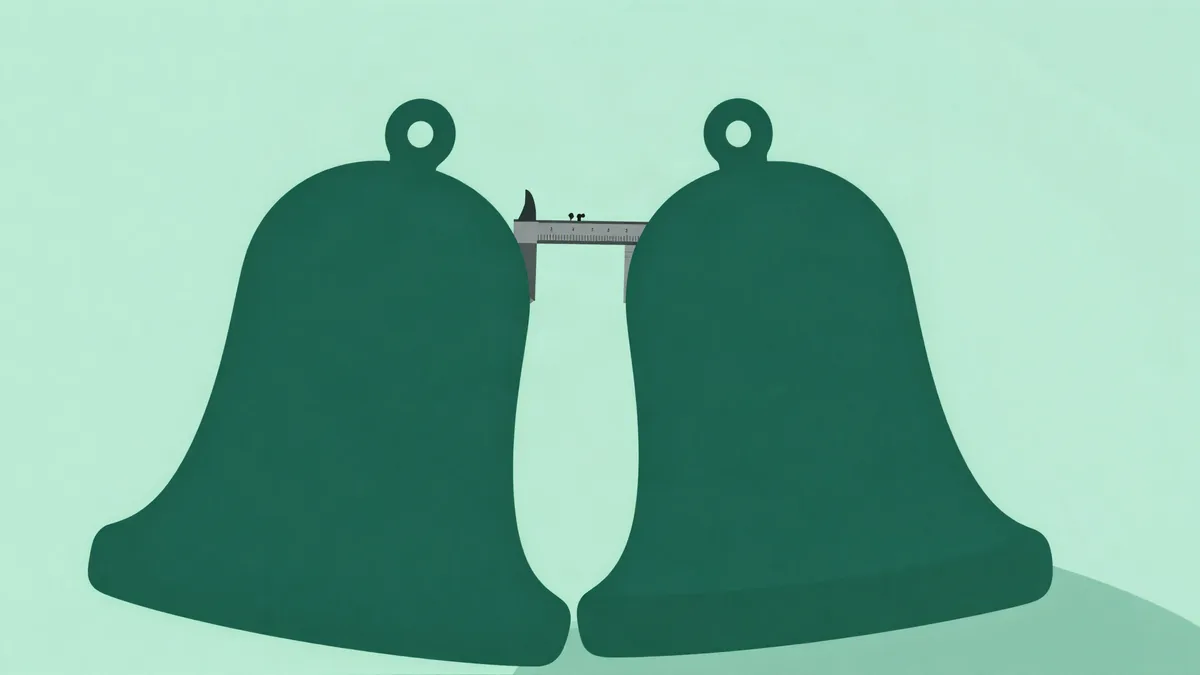 Flat illustration of two overlapping bell shapes with a measuring caliper spanning the narrow gap between their peaks, in deep green tones