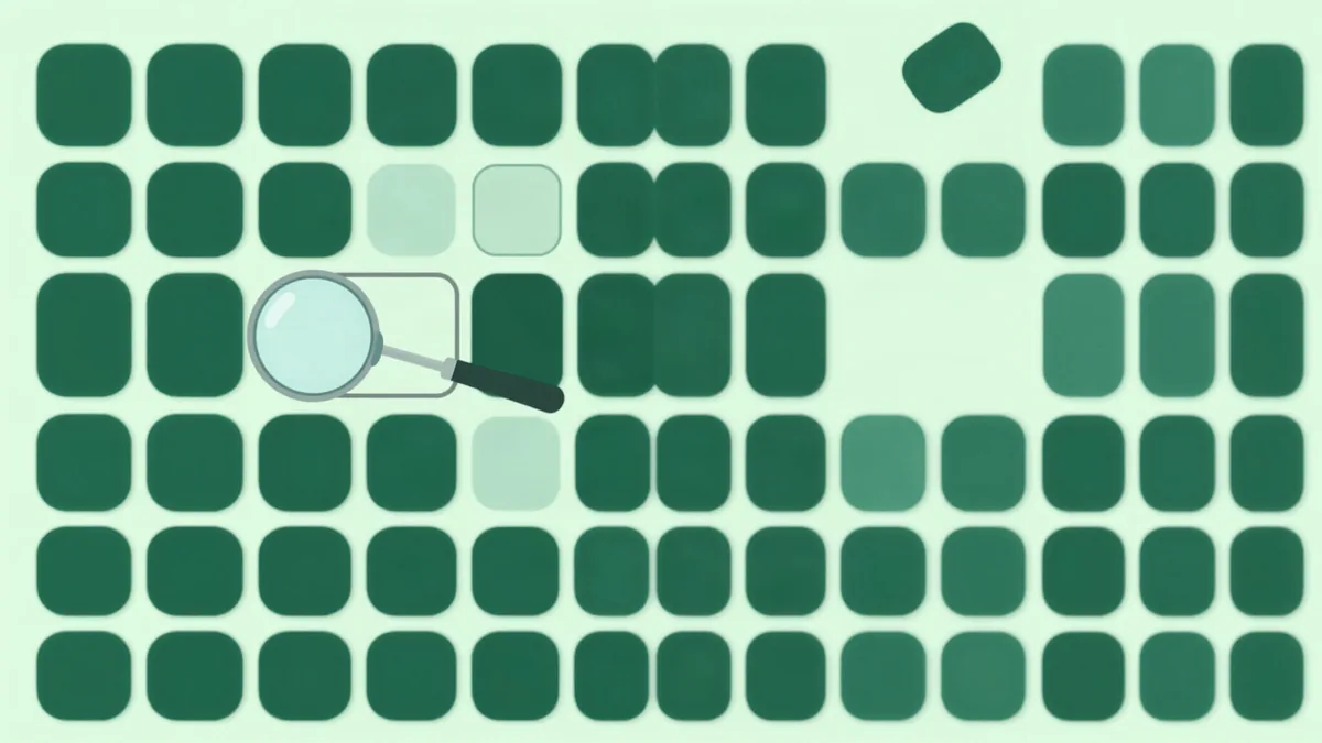 Flat illustration of a grid of rounded tiles with several empty gaps and a magnifying glass hovering over one of them