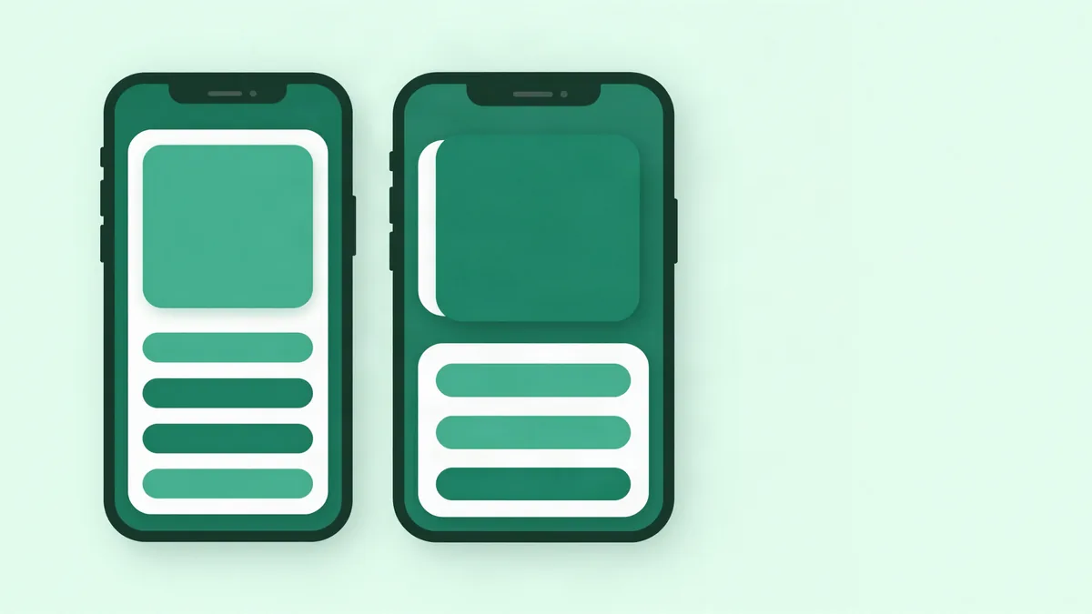 Flat illustration of two stylized smartphones side by side, each screen showing a different arrangement of rounded cards, representing two variants of a mobile A/B test