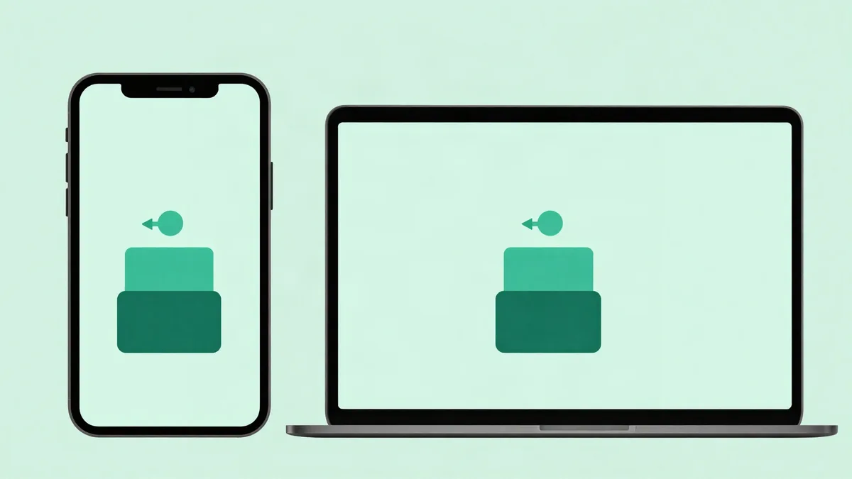 Flat illustration of a smartphone and a laptop side by side separated by a thin vertical line, each screen showing the same stacked layout blocks