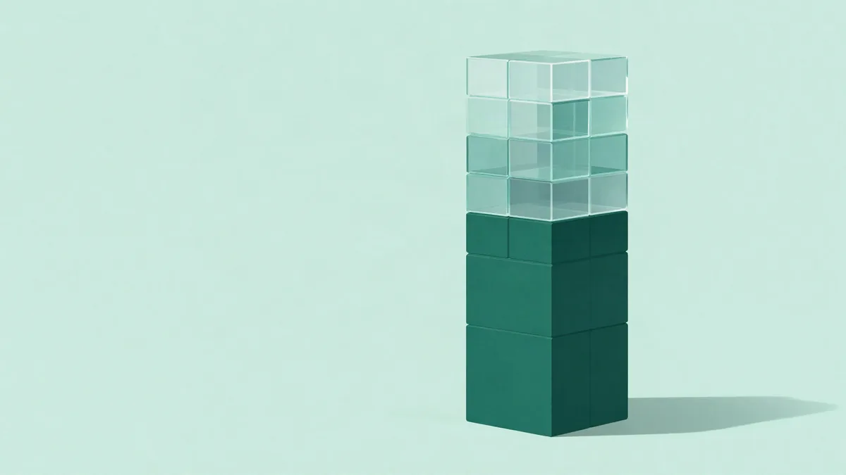 Flat illustration of a tall stack of cubes standing on a plane, the lower part solid and opaque and the upper part made of faint translucent glass cubes