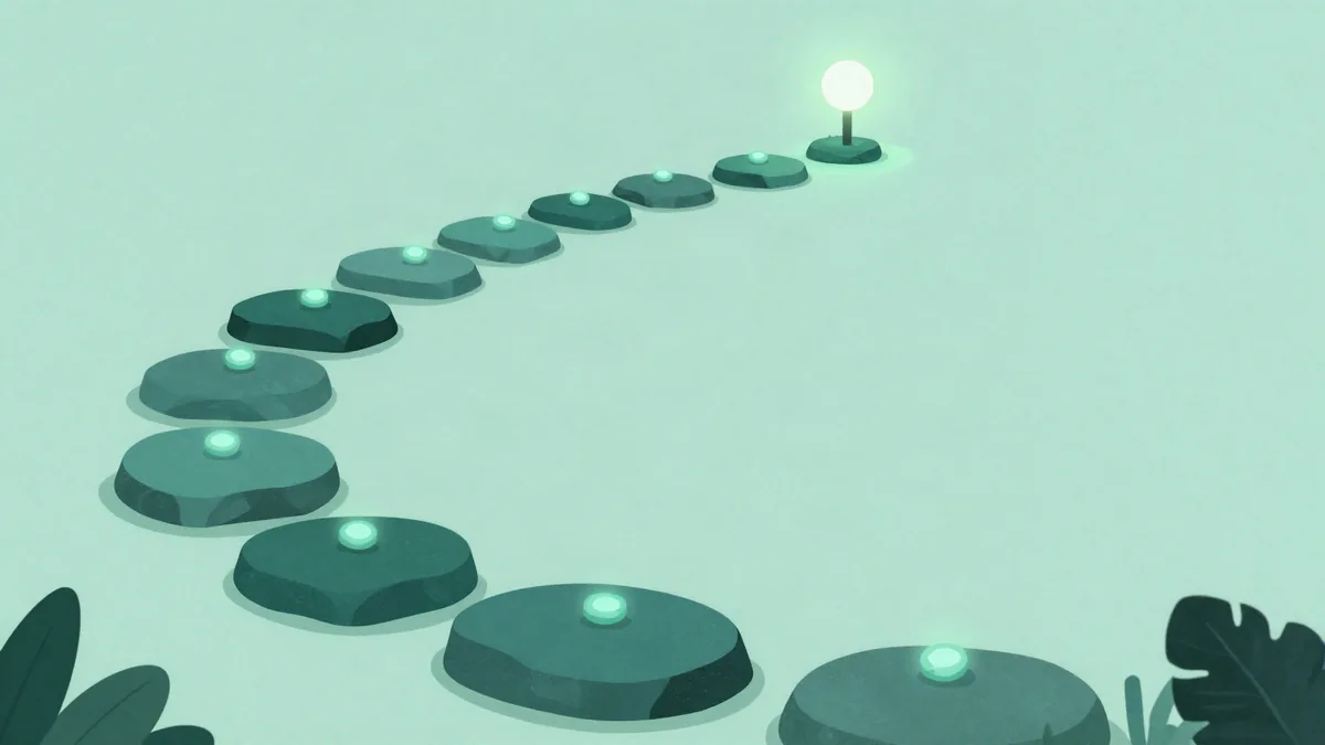 Ilustração plana de um caminho de pedras com pequenas luzes de intensidades diferentes sobre cada pedra, levando a um marcador luminoso no fim, sobre fundo verde menta