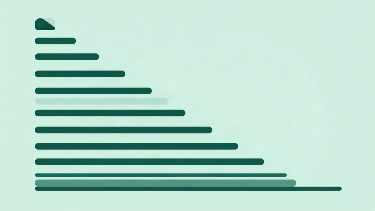 Ilustração plana de uma escada de barras horizontais finas de comprimento crescente, cruzada por uma linha reta, com as duas barras mais curtas do topo em tom escuro sólido, em verde profundo e verde menta