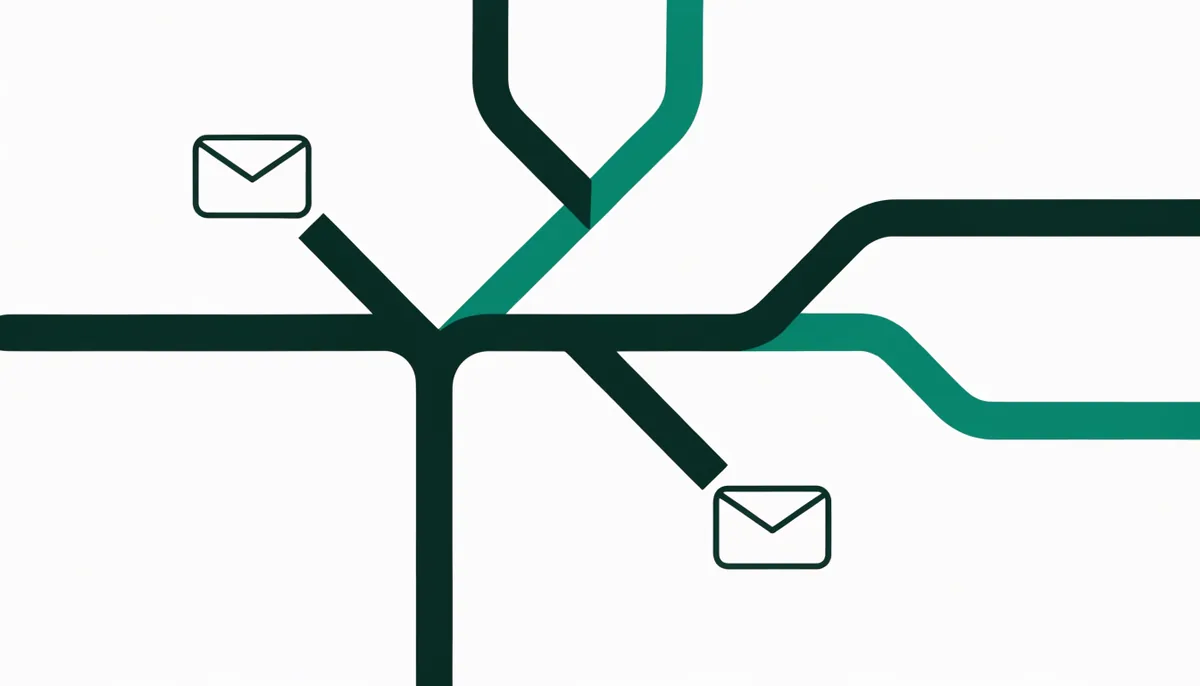 Abstract illustration in dark green and teal of envelope icons splitting into branching paths, representing a bandit algorithm choosing between email subject lines