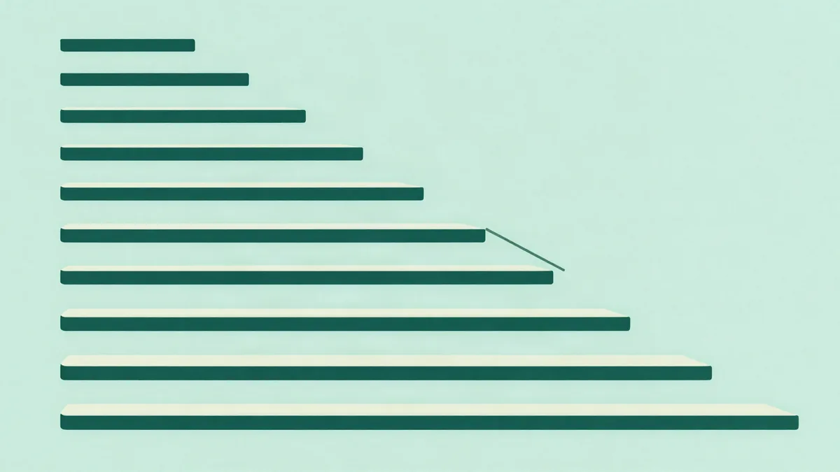 Flat illustration of a staircase of thin horizontal bars of increasing length crossed by a straight line, with the two shortest bars at the top in a solid dark tone, in deep forest green and mint