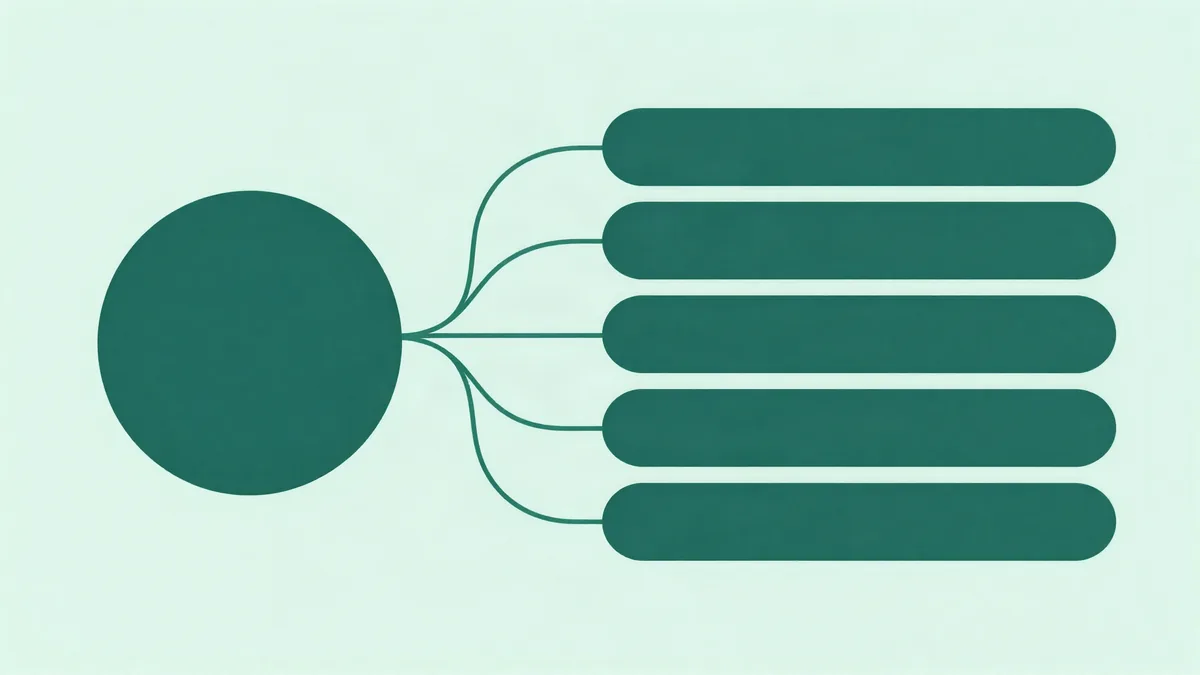 Flat illustration of a single circle connected by thin curves to five stacked rounded bars, in deep green tones