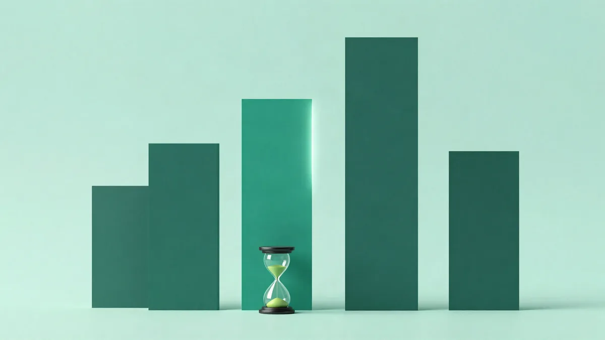 Flat illustration of vertical bars with one brightly lit and an hourglass resting at their base, in deep green tones