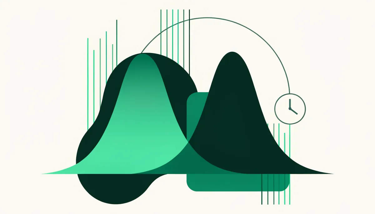 Ilustração de duas curvas de distribuição sobrepostas, uma larga e uma estreita, representando a redução de variância que o CUPED traz a um teste A/B
