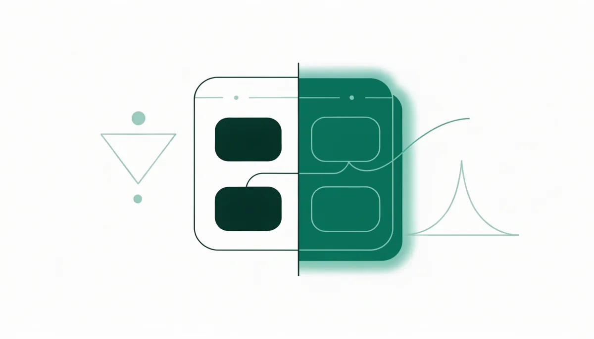 Ilustração de um teste A/B: duas variações de página divididas ao meio, com um funil de conversão e uma curva de distribuição ao fundo