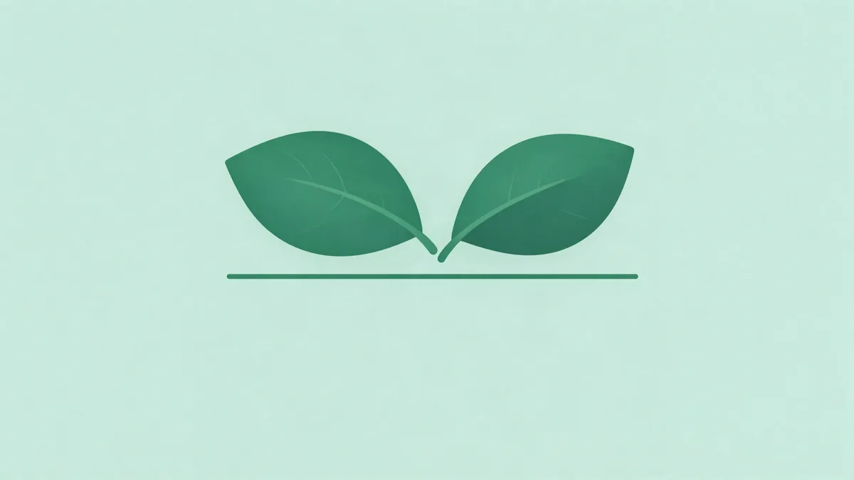 Flat illustration of two nearly identical leaf shapes overlapping above a thin horizontal rule, in deep green tones on a mint background