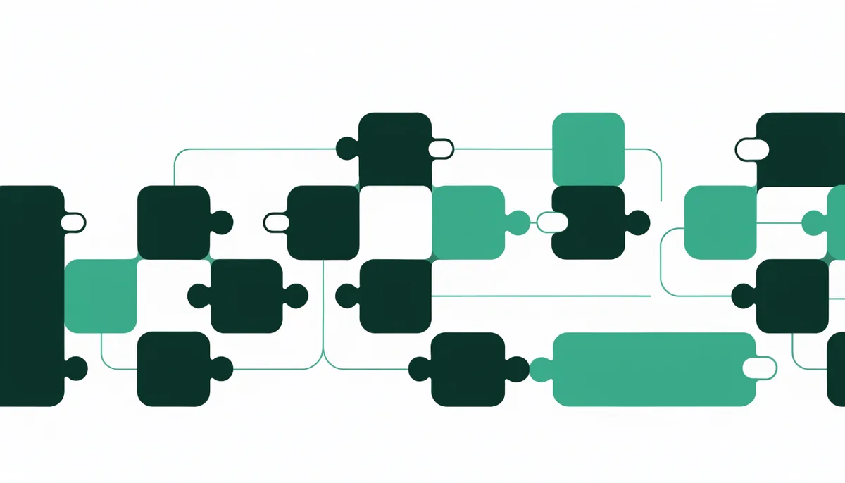 Abstract illustration of interconnected geometric code blocks and network nodes in green and teal, representing open-source software collaboration
