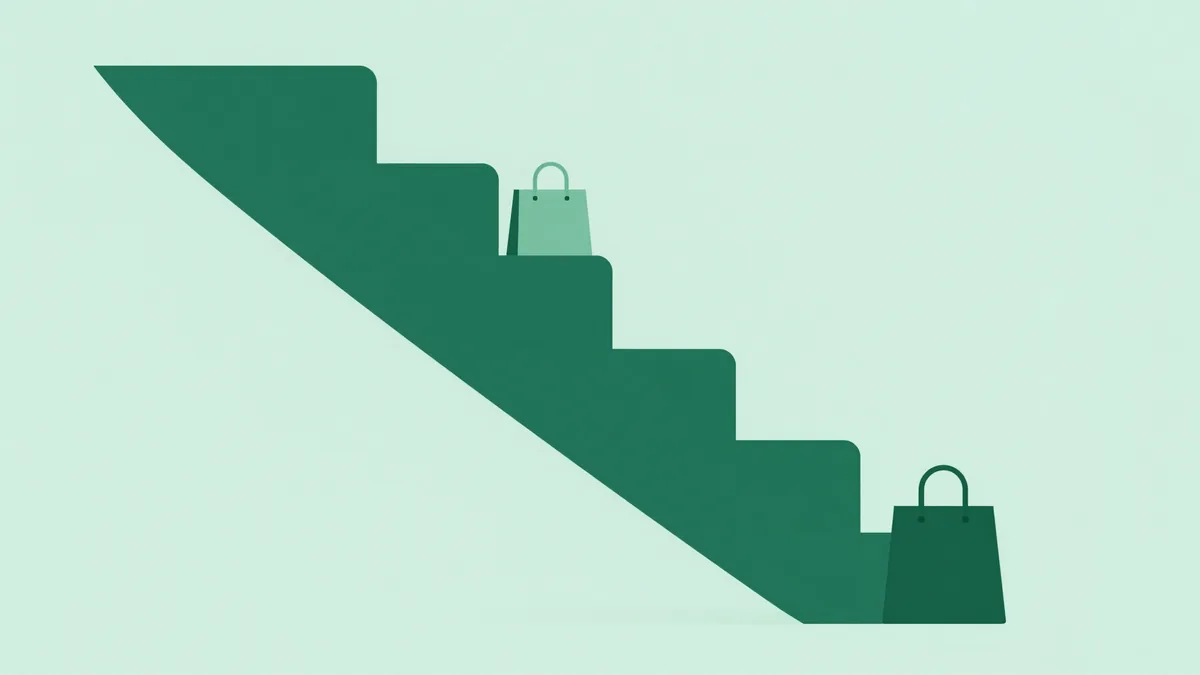 Ilustração abstrata de um funil em degraus descendentes em verde escuro, estreitando até uma sacola de compras, sobre fundo verde menta