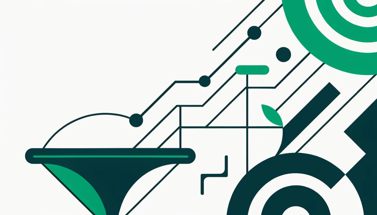 Ilustración abstracta de un embudo de conversión con un gráfico de crecimiento al fondo, en tonos verde y turquesa