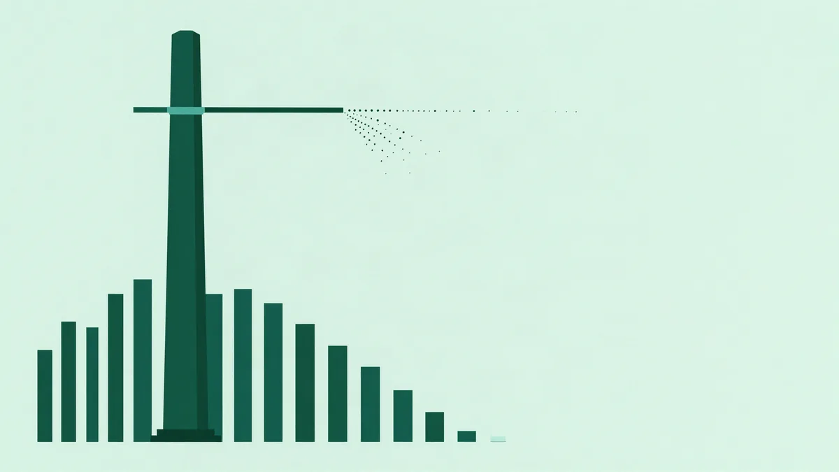 Flat editorial illustration of one very tall slender column beside many short uniform columns, with a horizontal blade trimming it level and a thin tail of dots to the right