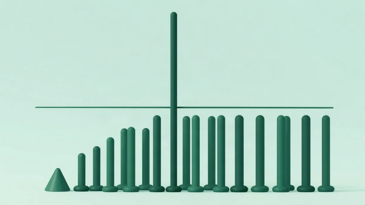 Ilustração plana de uma fileira de barras baixas e uniformes com uma barra muito mais alta ao centro, cortada por uma linha horizontal na altura das demais