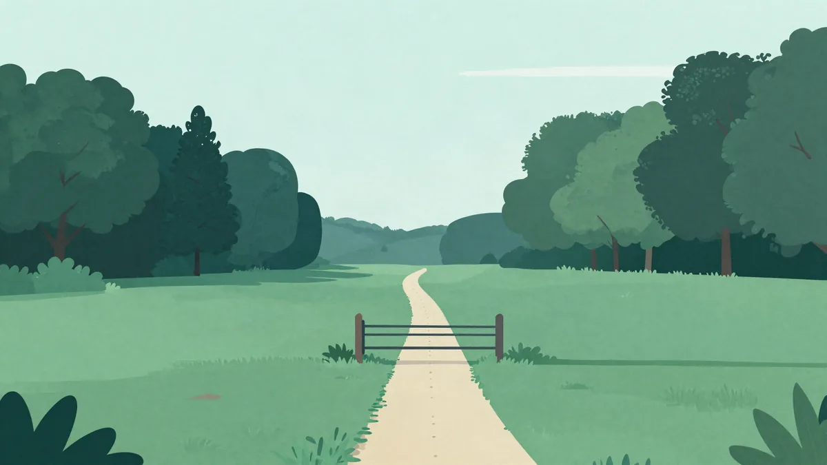 Ilustração plana de uma trilha estreita que atravessa um campo aberto e termina numa porteira fechada, com uma linha de árvores ao fundo, em tons de verde
